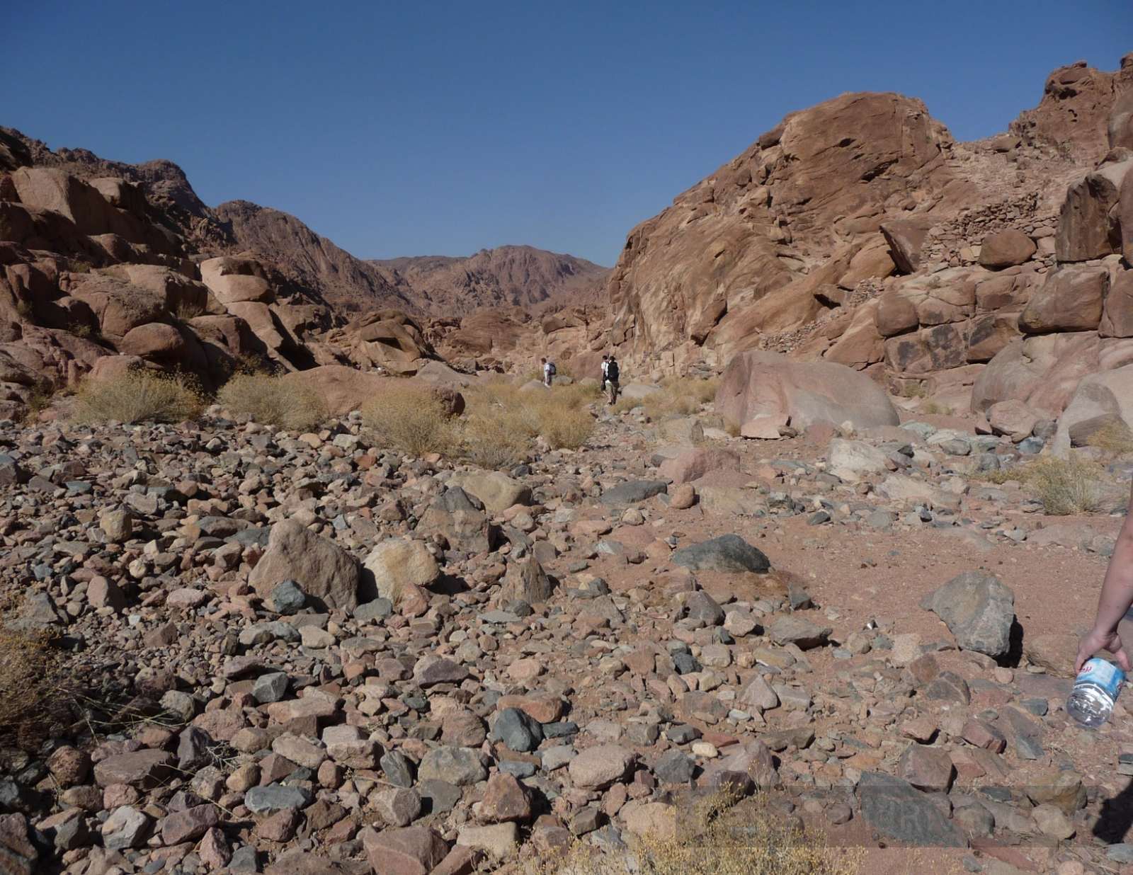Rocky floor of Wadi el Arbaeen in South Sinai, framed by rounded granite boulders and distant mountains under a clear blue sky.