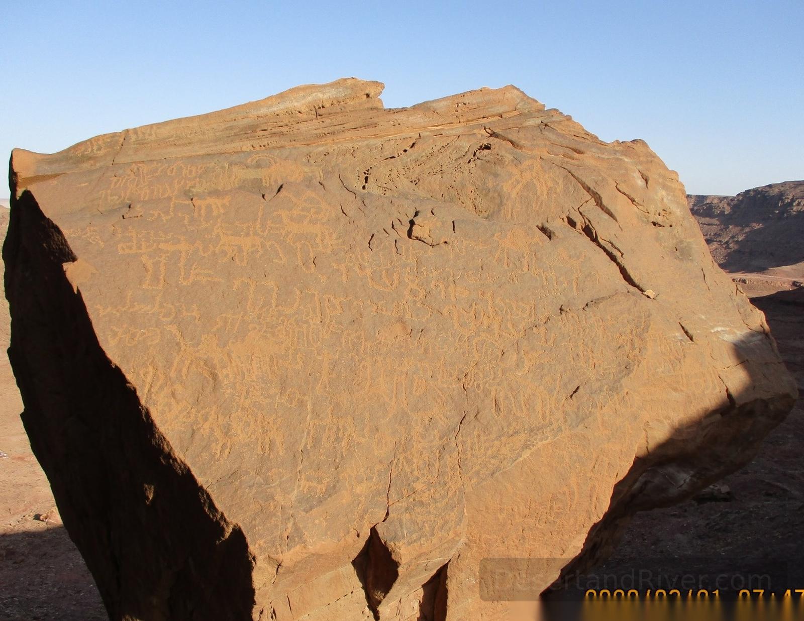 Petroglyph-covered rock at Wadi el Lihyan in South Sinai, overlooking a wide desert valley in warm morning light.